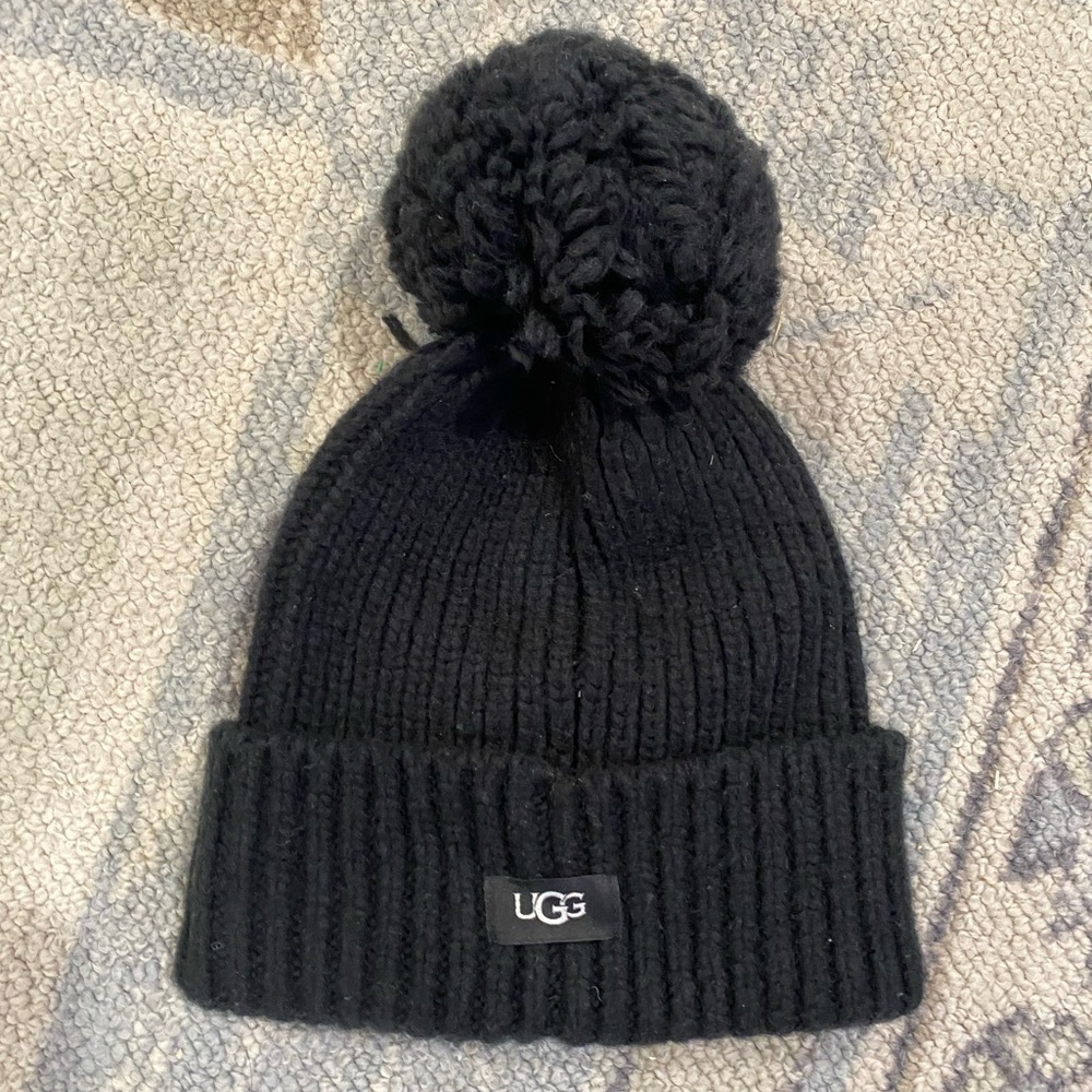 UGG Rib Knit & Faux Fur Pom Pom Beanie wool blend